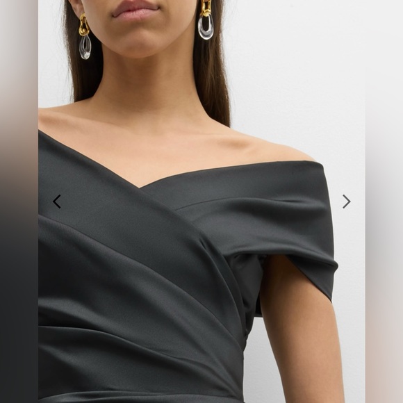 Rickie Freeman For Teri Jon Pleated Off-Shoulder Satin Column Gown - Picture 6 of 15